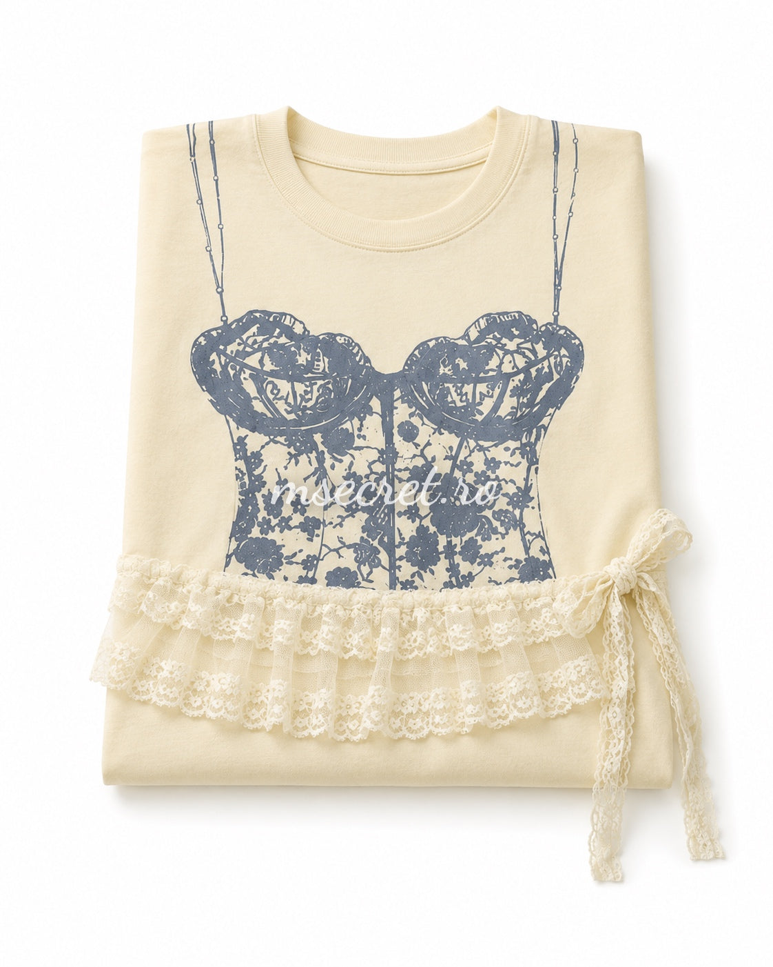 Rochie tip tricou crem cu imprimeu corset si aplicatie din dantela