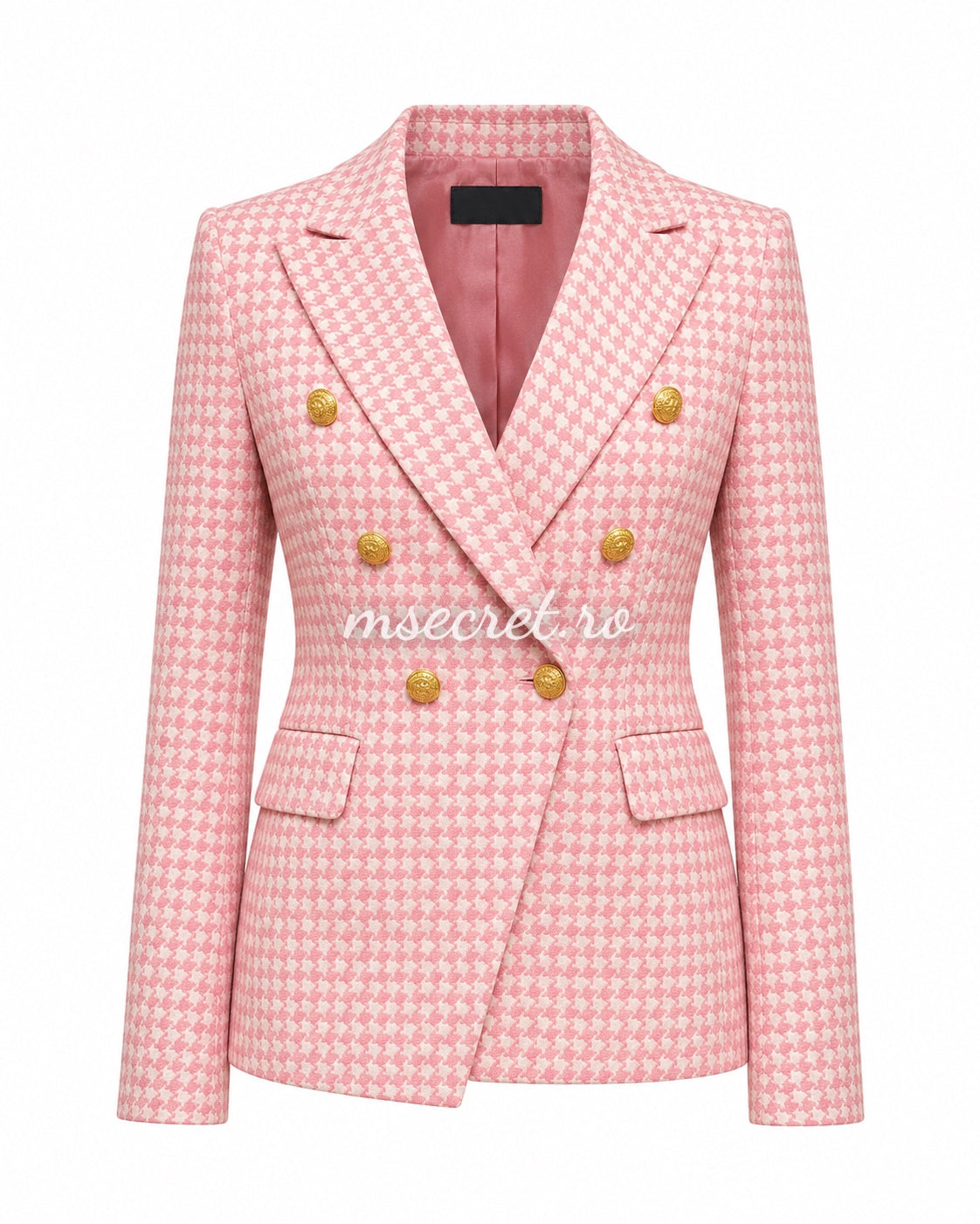 Pink houndstooth blazer with gold buttons