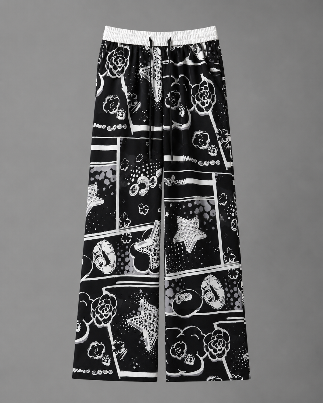 Pantaloni negri lungi din satin cu imprimeu grafic