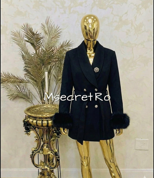 Short black wool coat with natural fur cuffs
