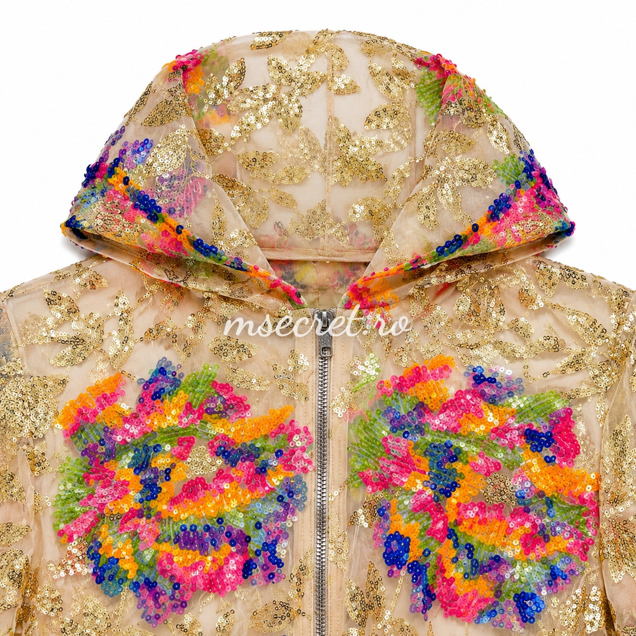 Beige lace jacket with multicolored sequins
