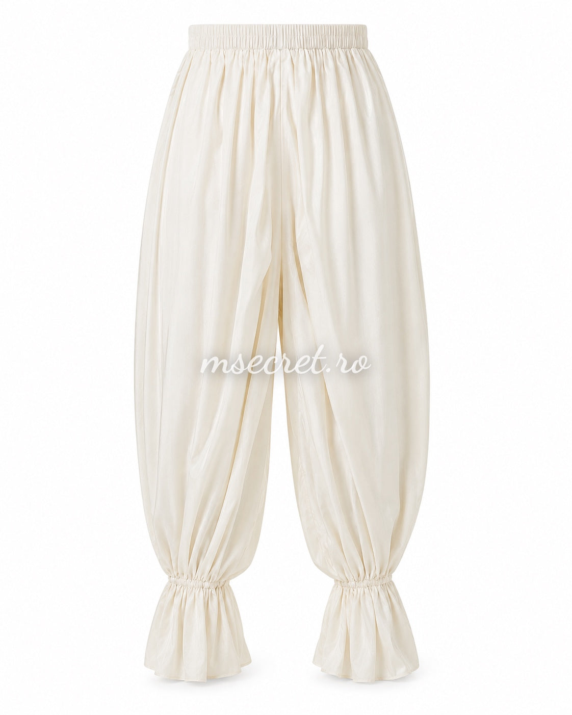 Loose ivory trousers with elasticated waist and ruffled hems