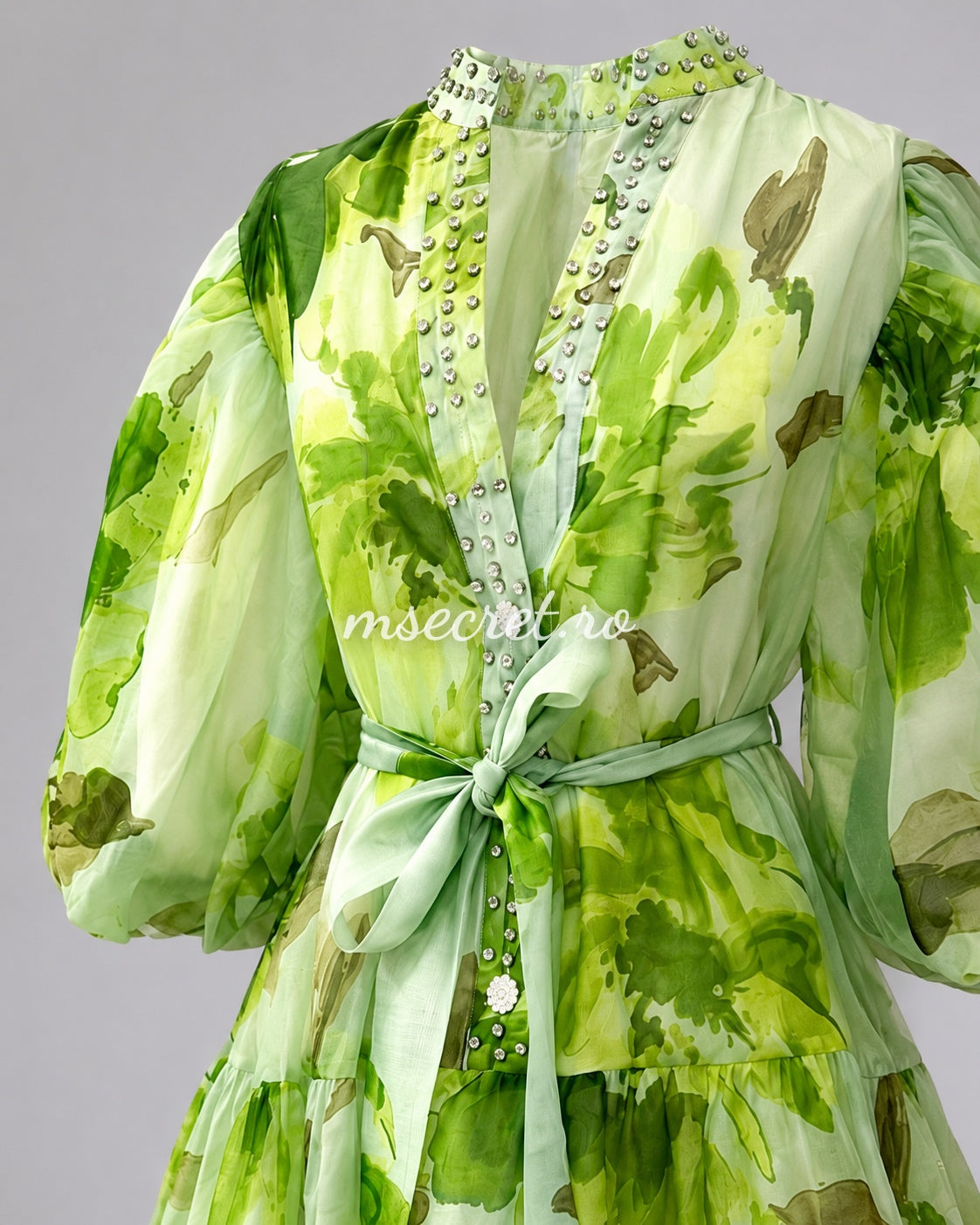 Rochie verde din in și mătase cu imprimeu floral și talie reglabilă