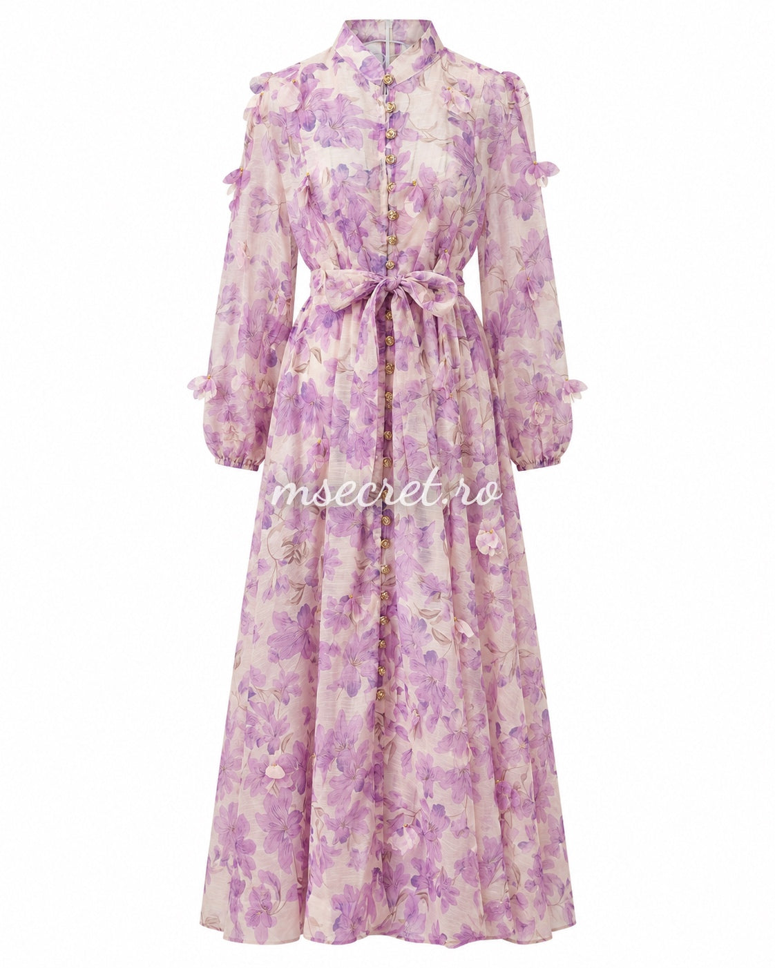 Long purple linen dress with floral print and 3D appliques