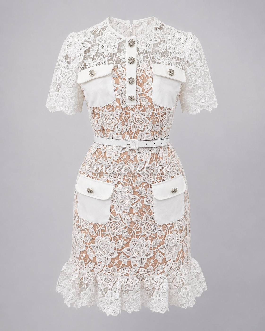 White lace dress with jewel buttons