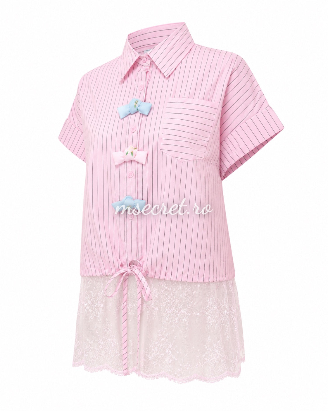 Pink striped shirt with bow and lace inserts