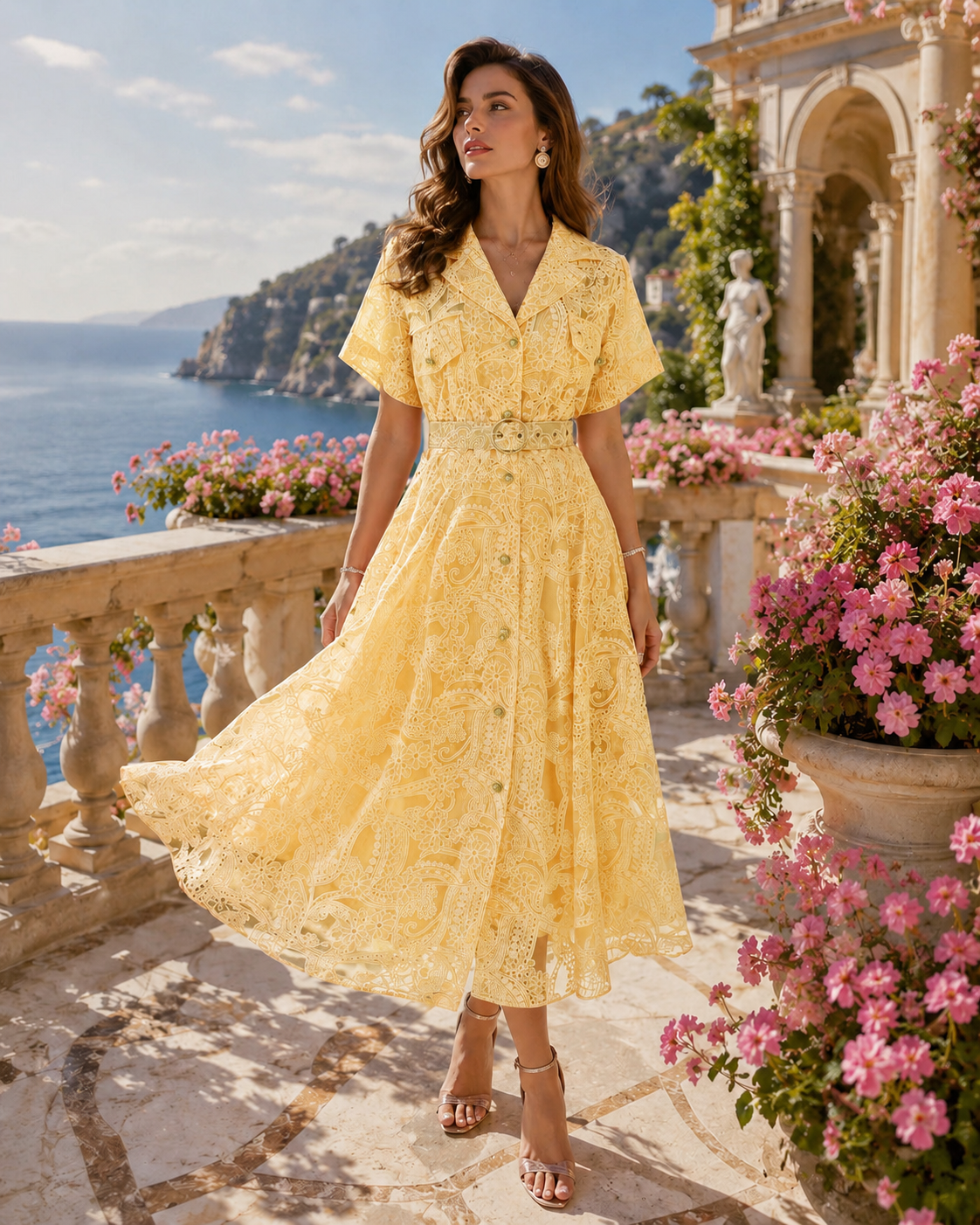 Rochie midi elegantă galbena din dantelă