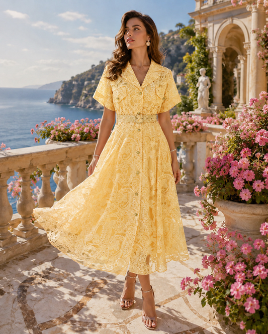 Rochie midi elegantă galbena din dantelă