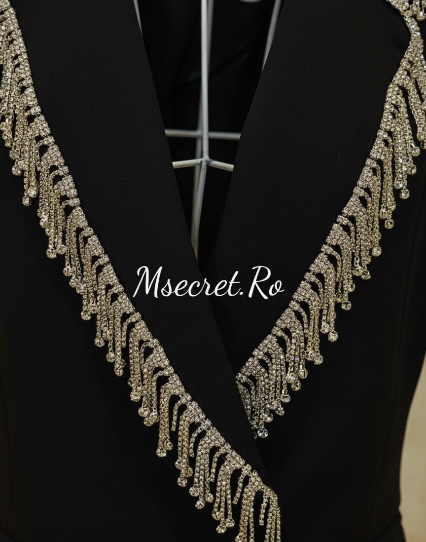 Sacou elegant negru cu franjuri strălucitori