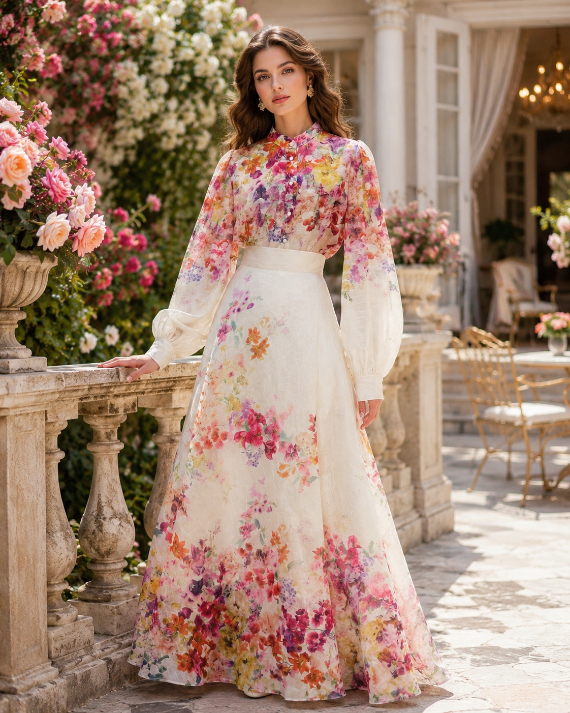 Compleu maxi din in cu imprimeu floral