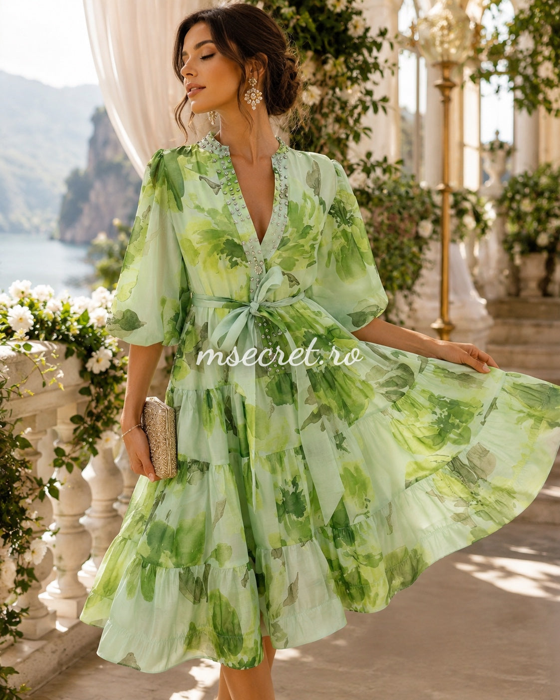Rochie verde din in și mătase cu imprimeu floral și talie reglabilă