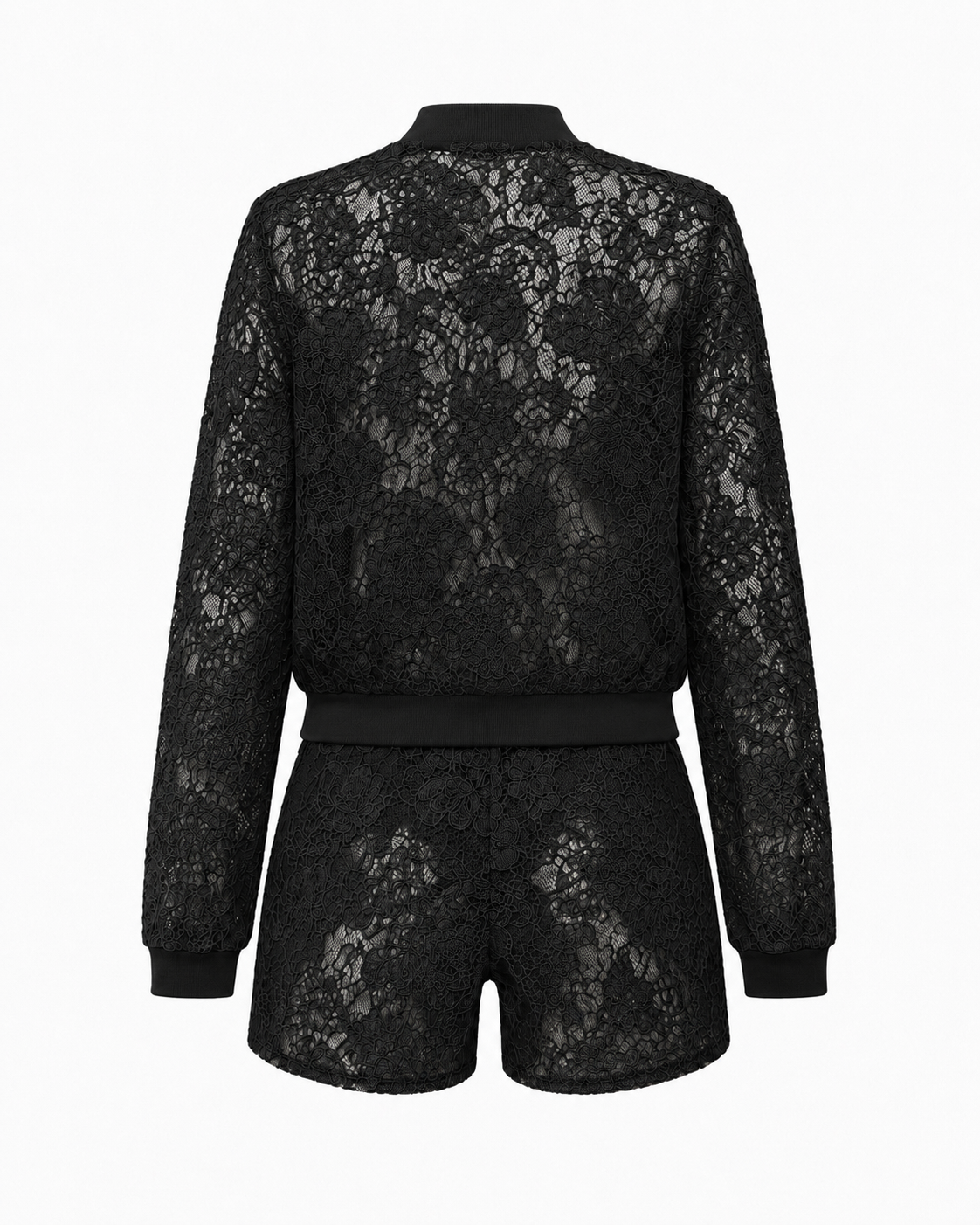Compleu negru din dantela florala cu geaca si pantaloni