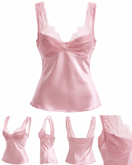 Top roz din satin cu dantela fina
