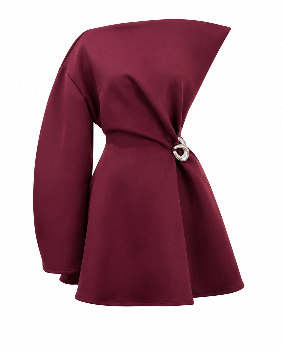 Rochie mini burgundy cu design asimetric si brosa metalica