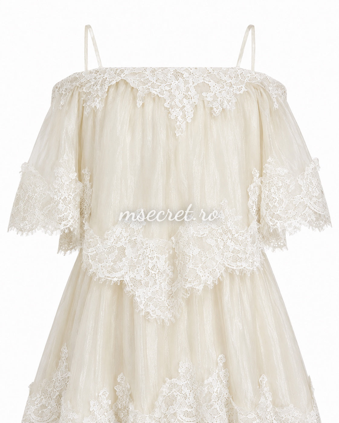 Long beige dress with ruffles and romantic lace