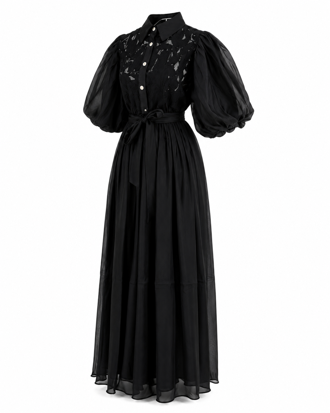 Rochie neagra elegantă din voal cu broderie florală și mâneci bufante
