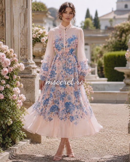 Rochie lungă roz din in cu imprimeu floral și aplicații 3D