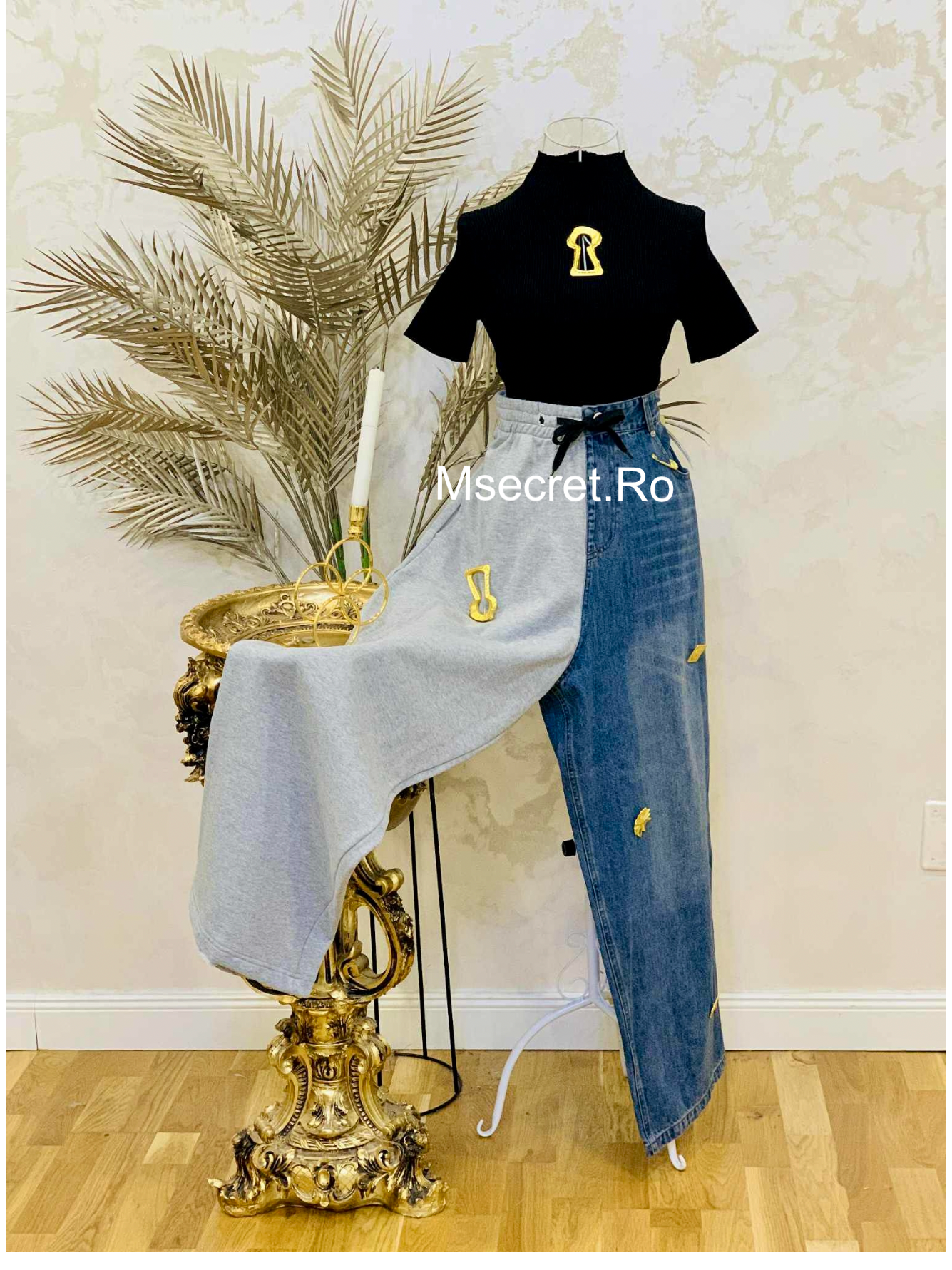 Blugi cu modele aurii si talie elastica