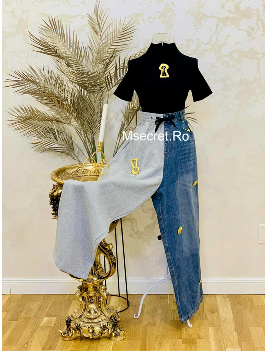 Blugi cu modele aurii si talie elastica