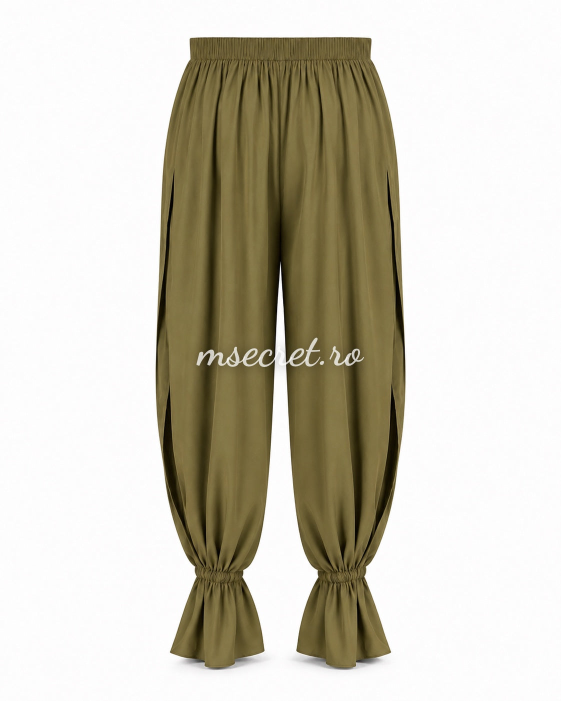 Loose mint trousers with elasticated waist and ruffled hems