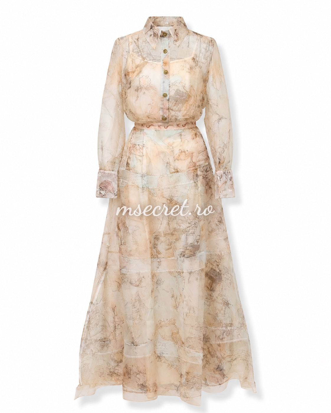 Compleu din organza cu imprimeu artistic in nuante nude