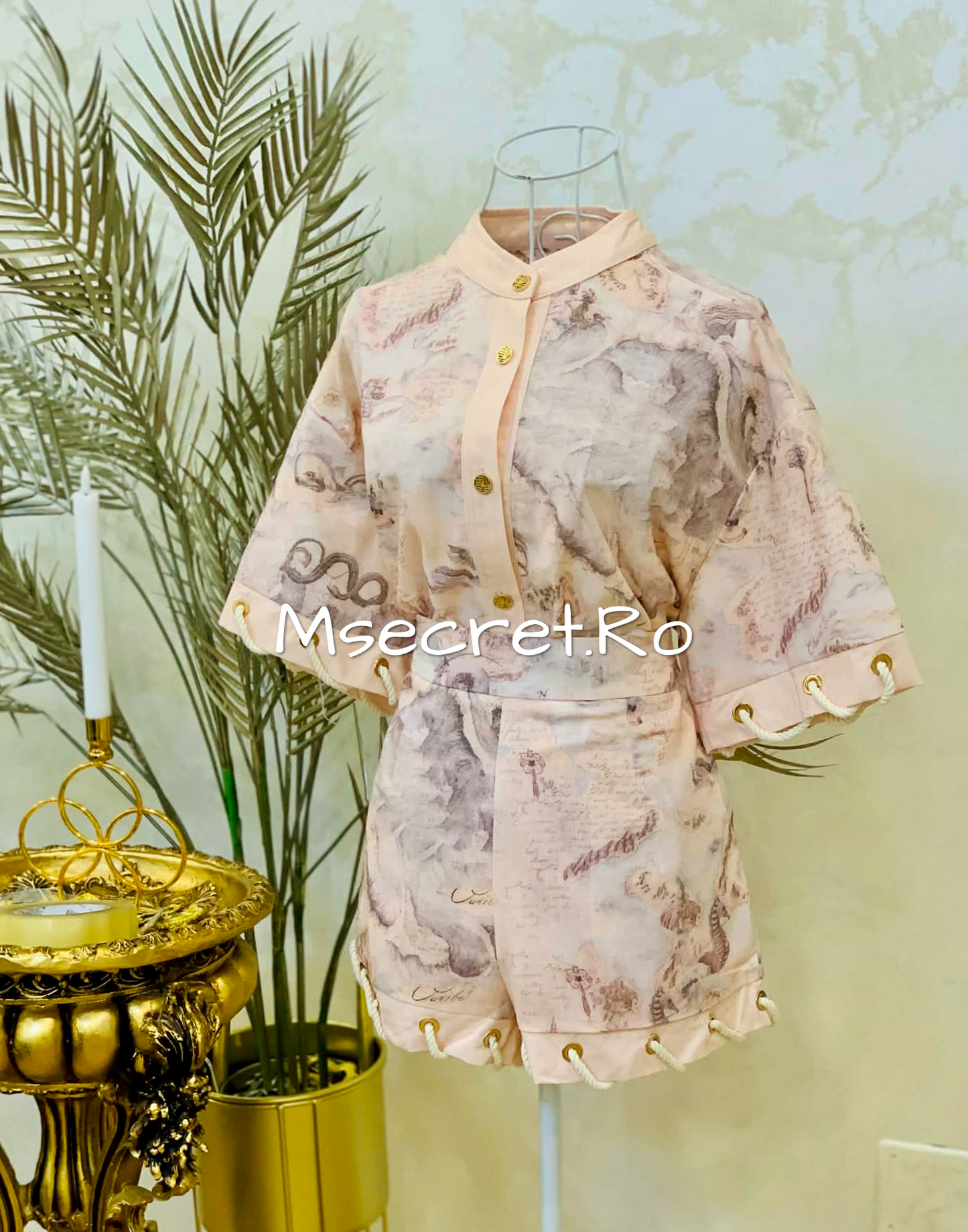 Powder pink linen set with an artistic print