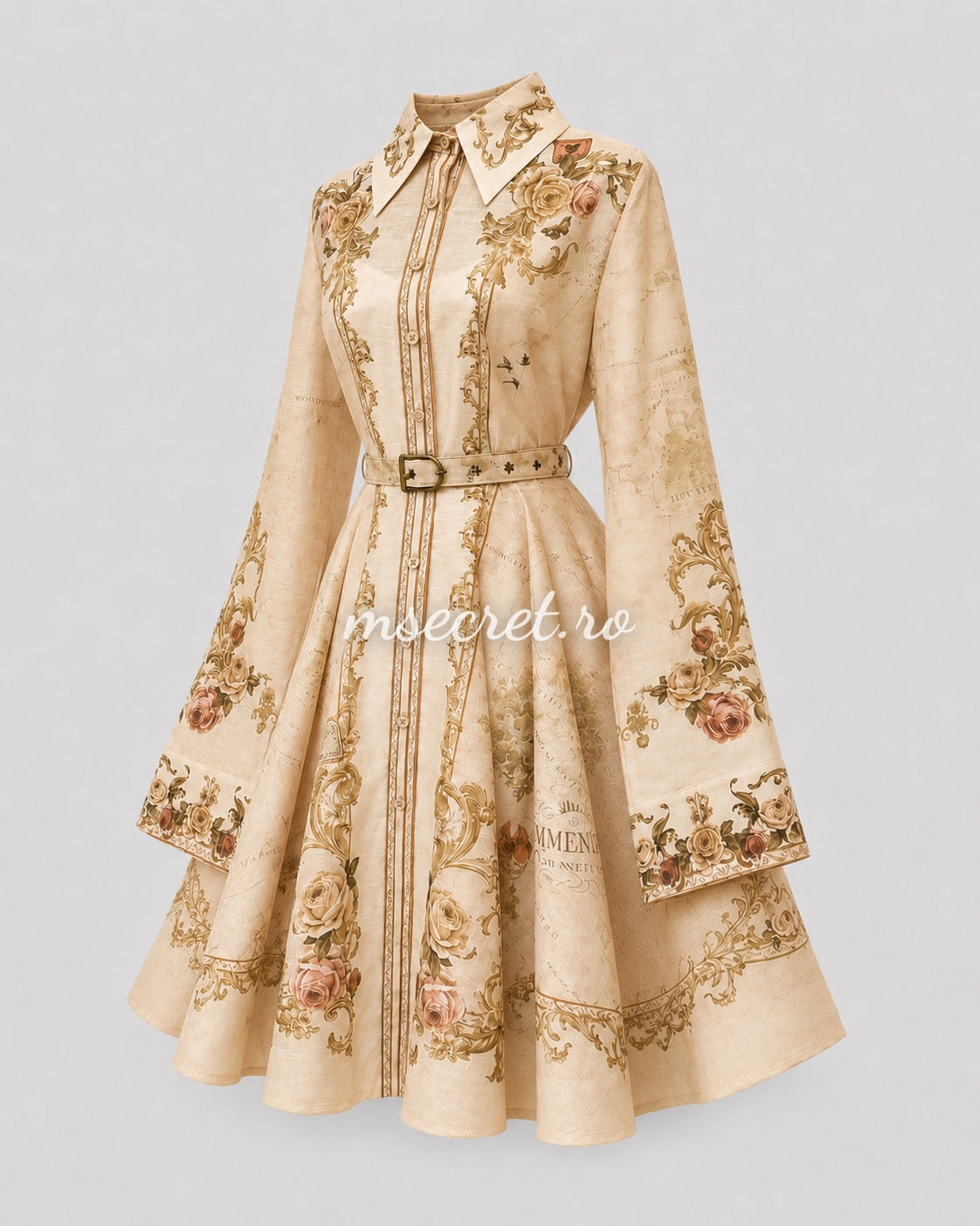 Rochie bej din in cu maneca lunga