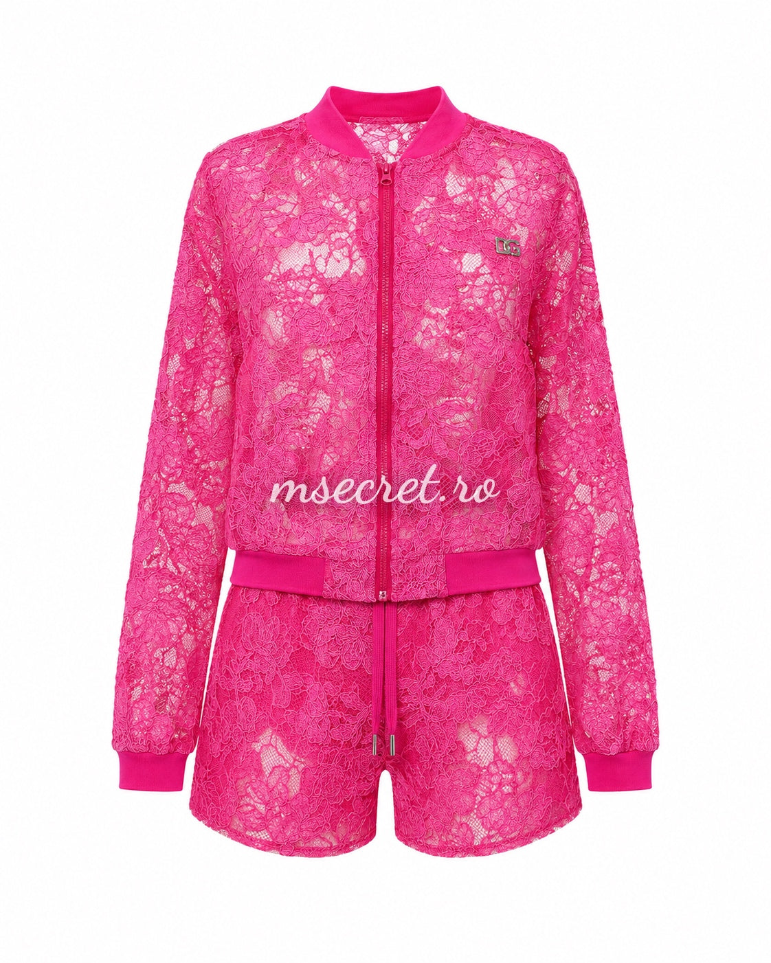 Compleu fucsia din dantela florala cu geaca si pantaloni