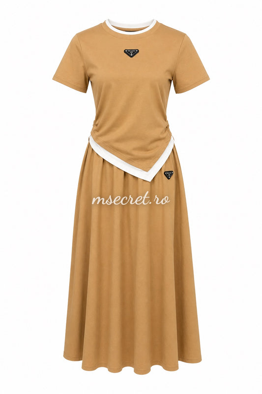 Compleu bej din bumbac cu tricou si fusta midi