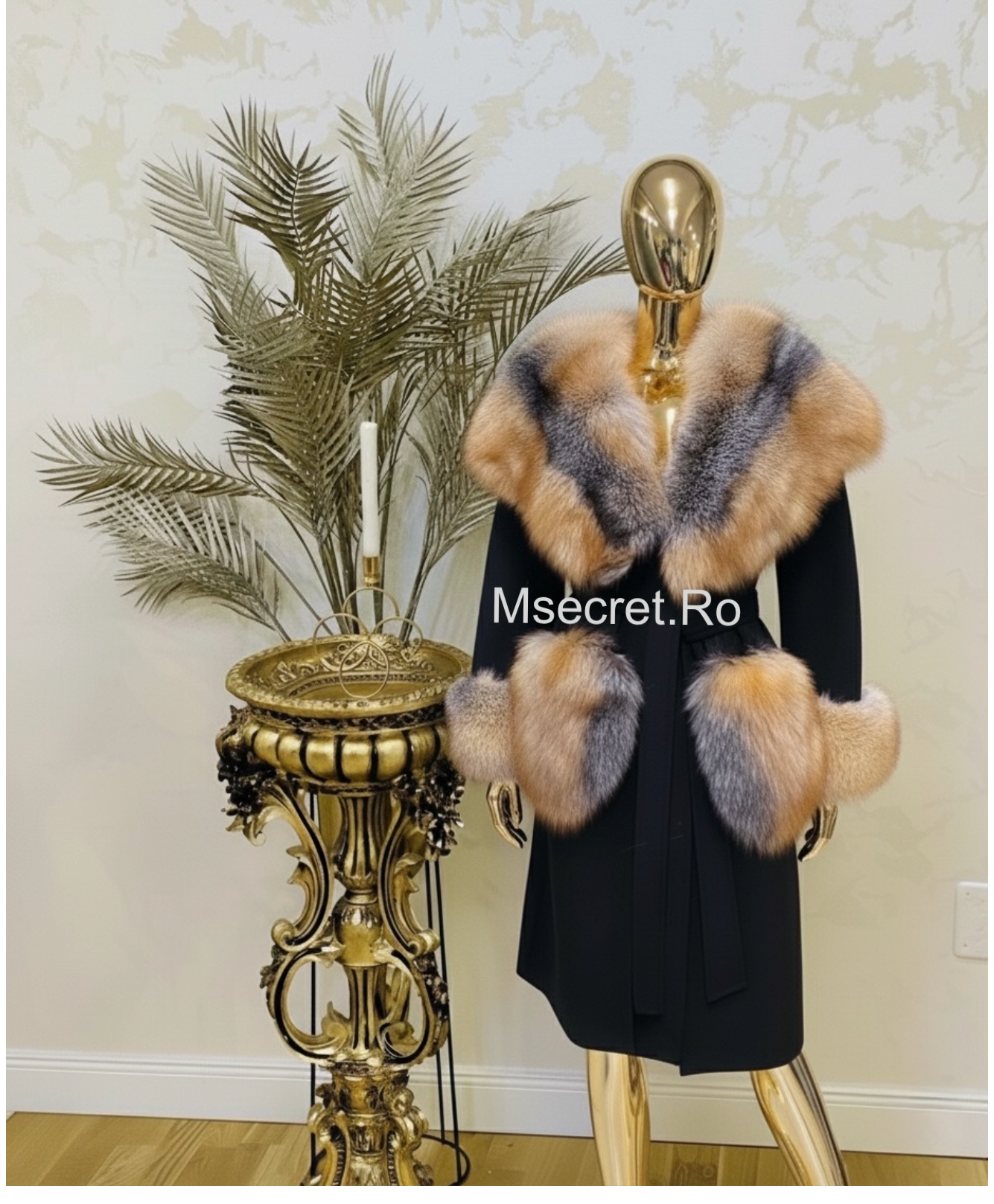 Palton din lana cu blana naturala de vulpe