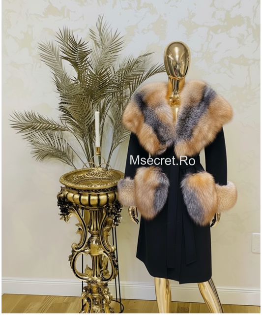 Palton din lana cu blana naturala de vulpe