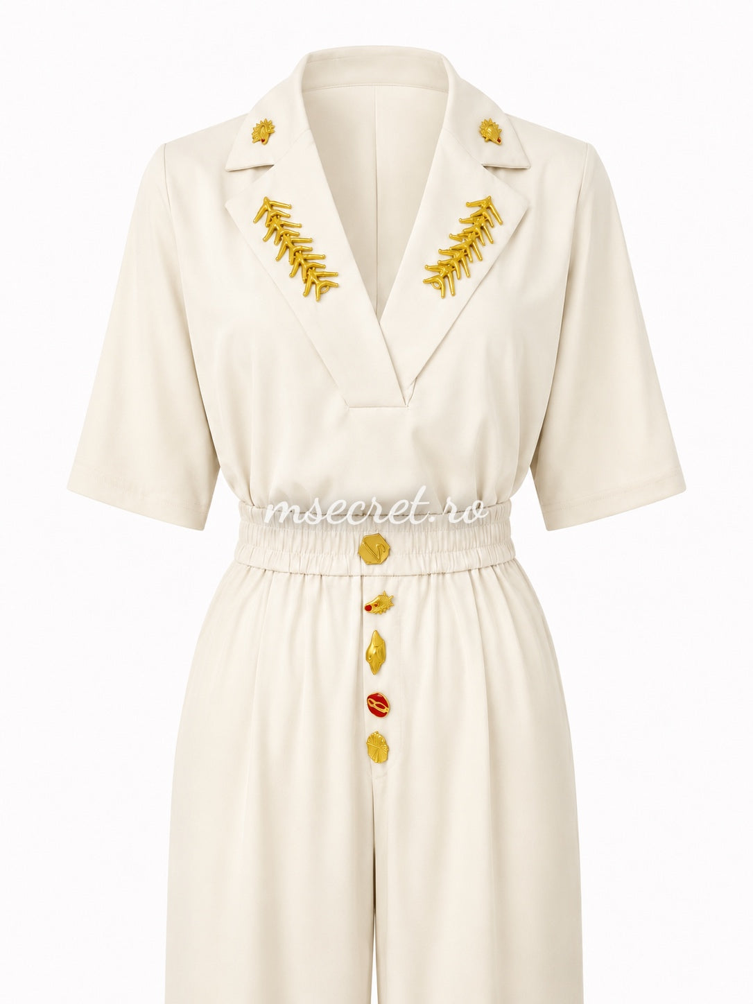 Cream set with blazer-style top and wide-leg trousers