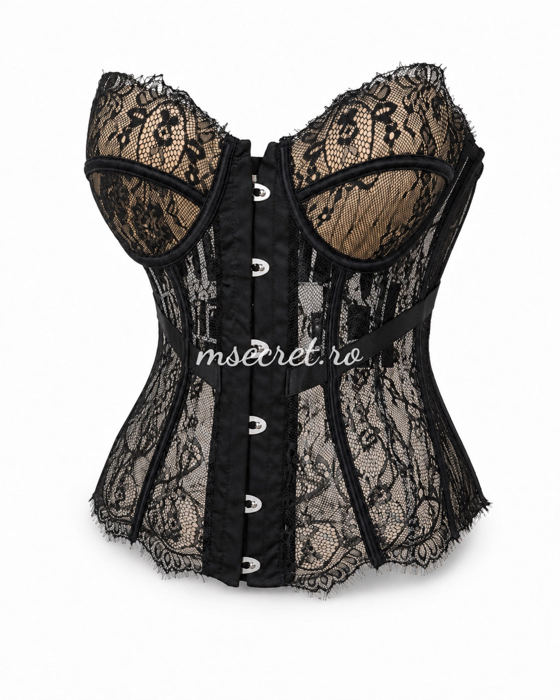Black lace corset with cups and metallic closure