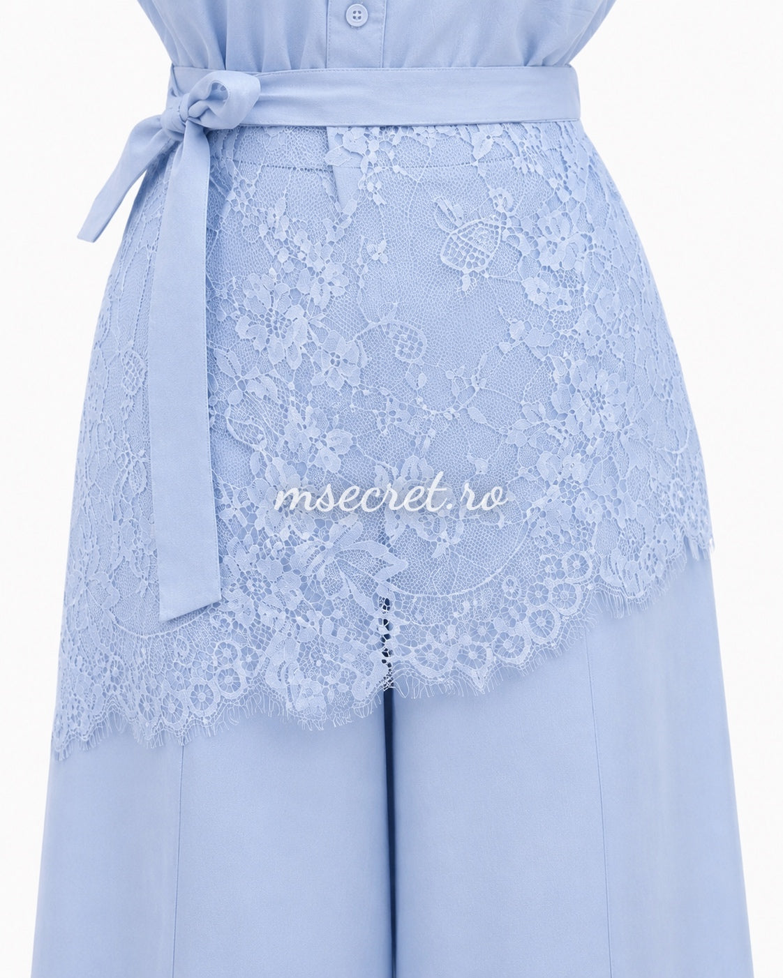 Blue linen set with lace and wide-leg pants