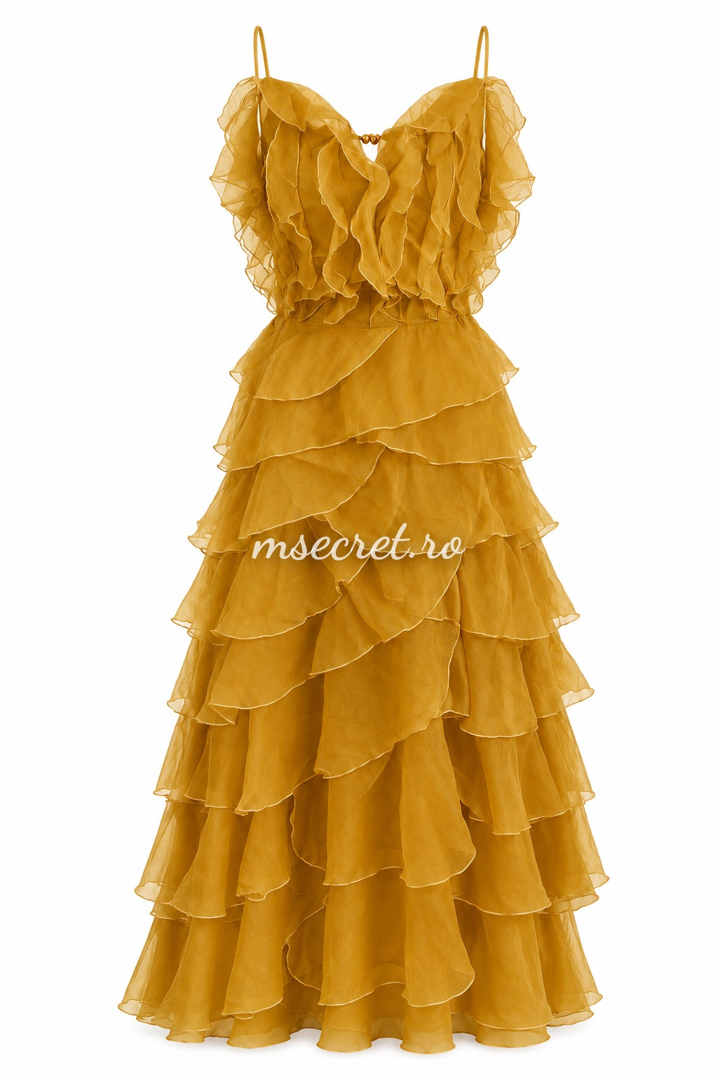 Rochie midi mustar elegantă cu volane din organza