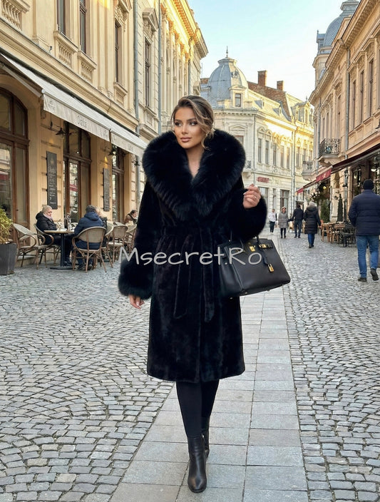 Natural black fox fur and alcantara coat
