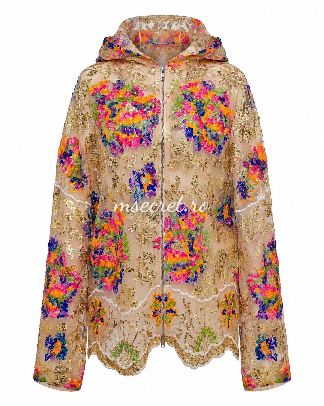 Beige lace jacket with multicolored sequins