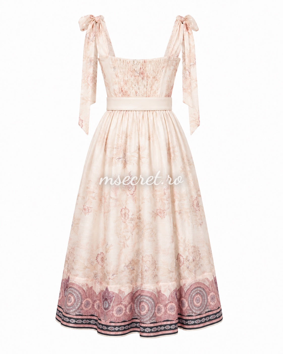 Pink floral print linen midi dress