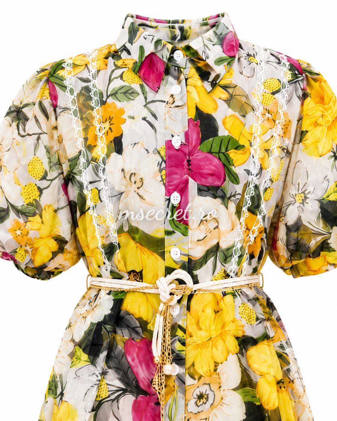 Rochie vaporoasa cu imprimeu floral, maneci bufante si detalii din dantela