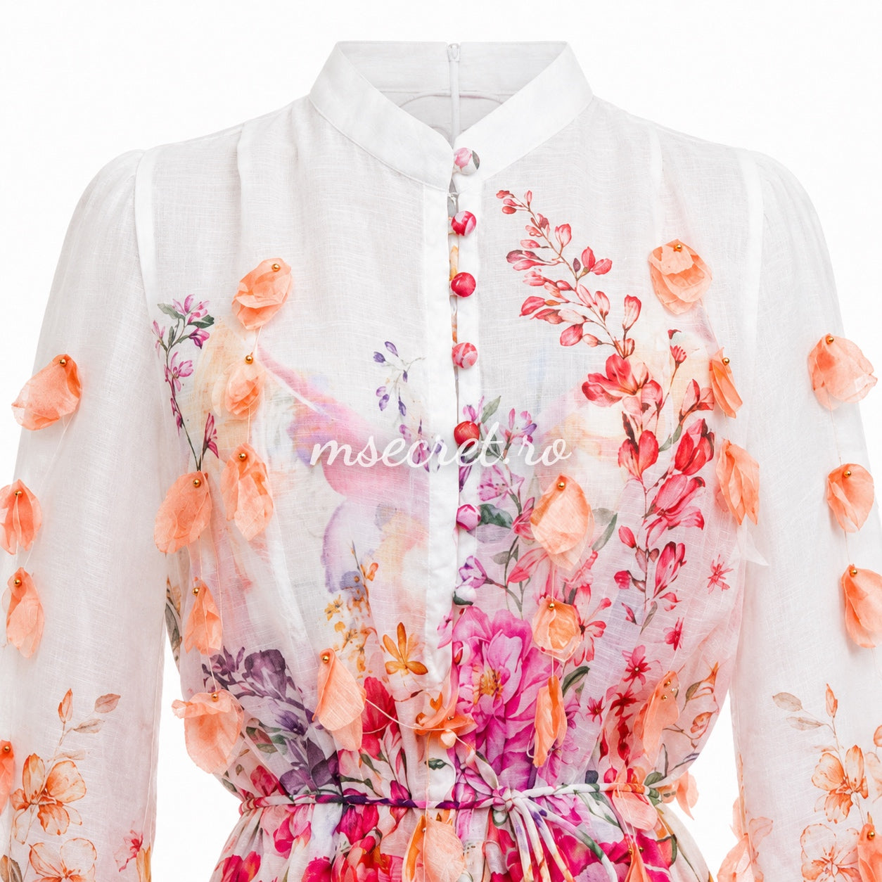 Rochie roz din in cu imprimeu floral și aplicații 3D