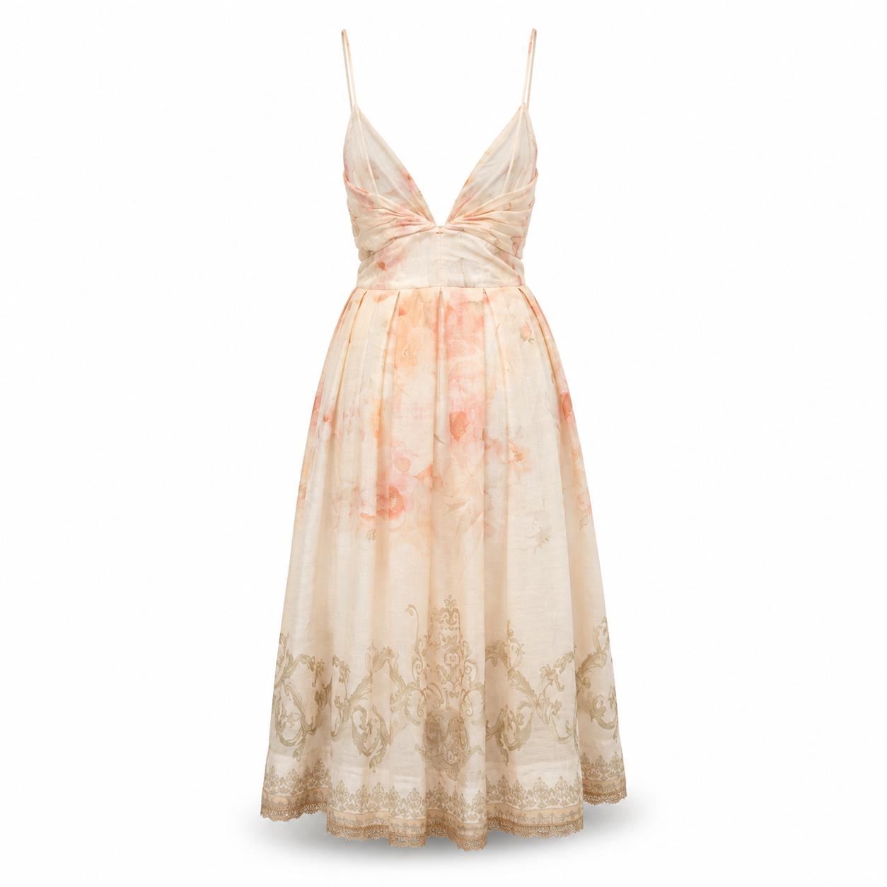 Rochie midi din in cu bretele si broderie eleganta