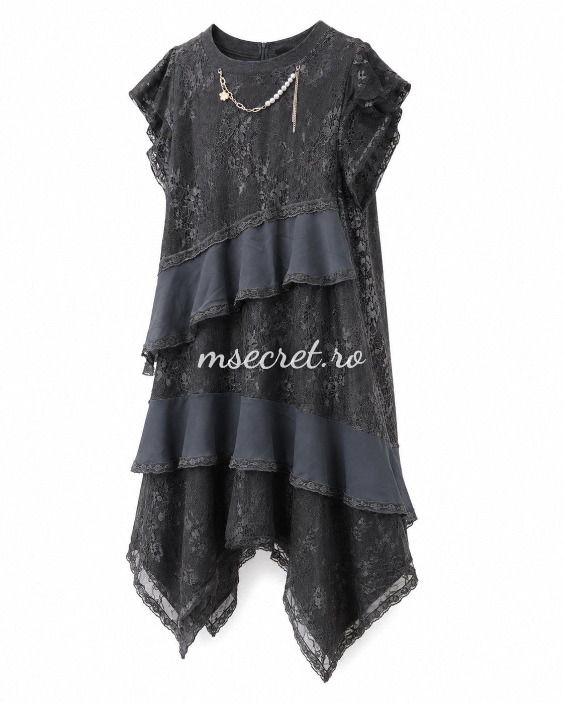Rochie asimetrica din dantela gri antracit cu volane
