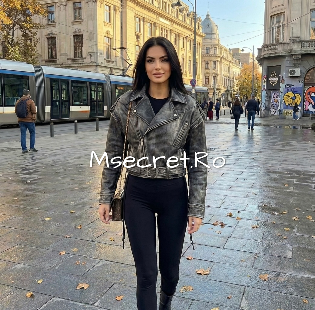Premium gray genuine leather biker jacket, vintage effect