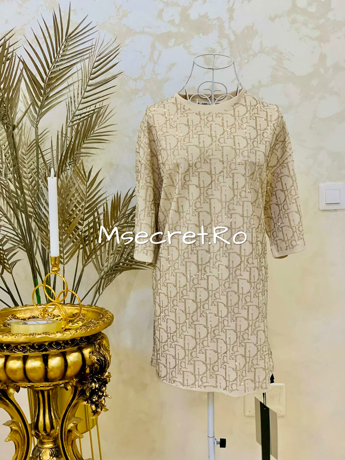 Cotton T-shirt dress with beige crystals