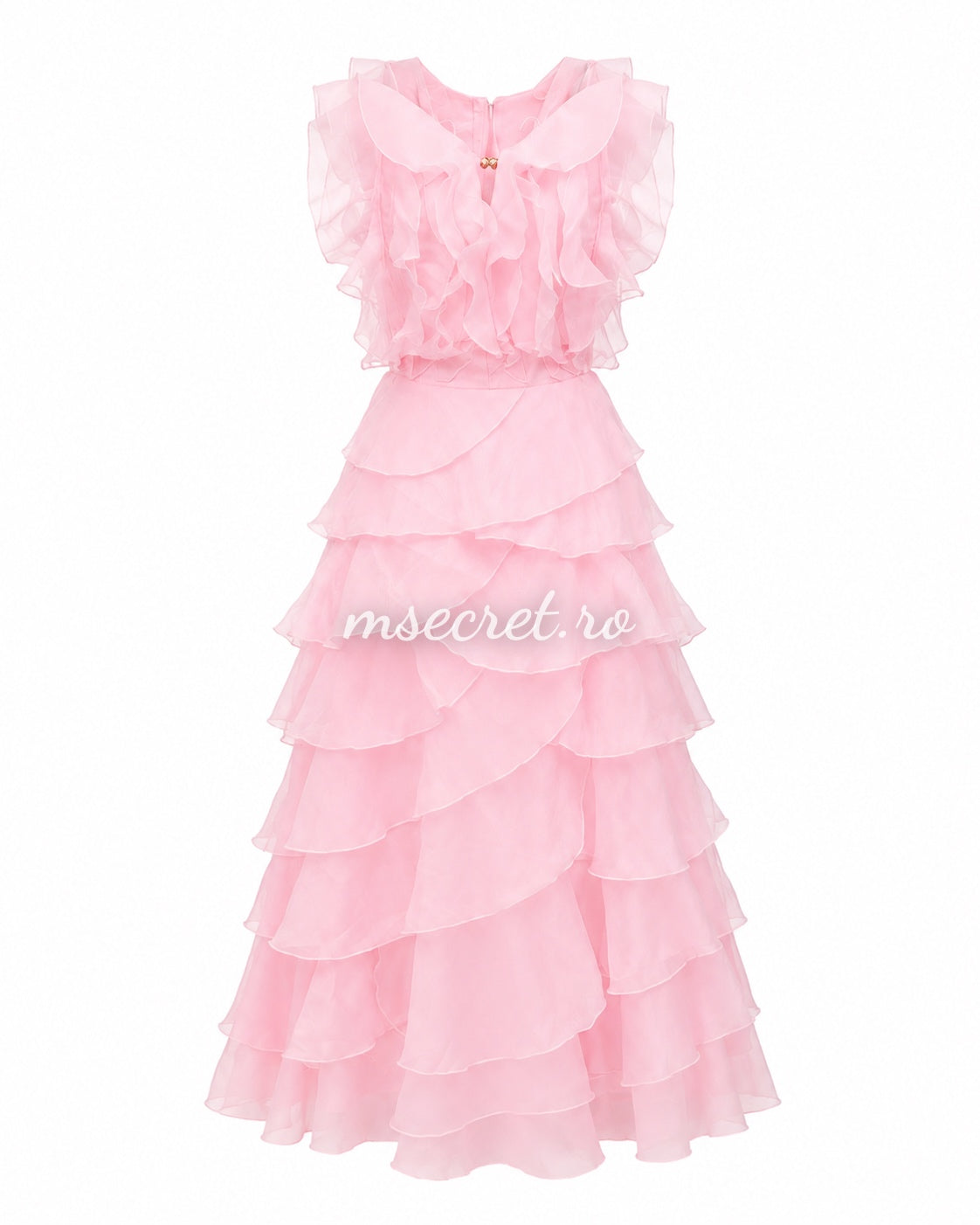 Elegant pink midi dress with organza ruffles