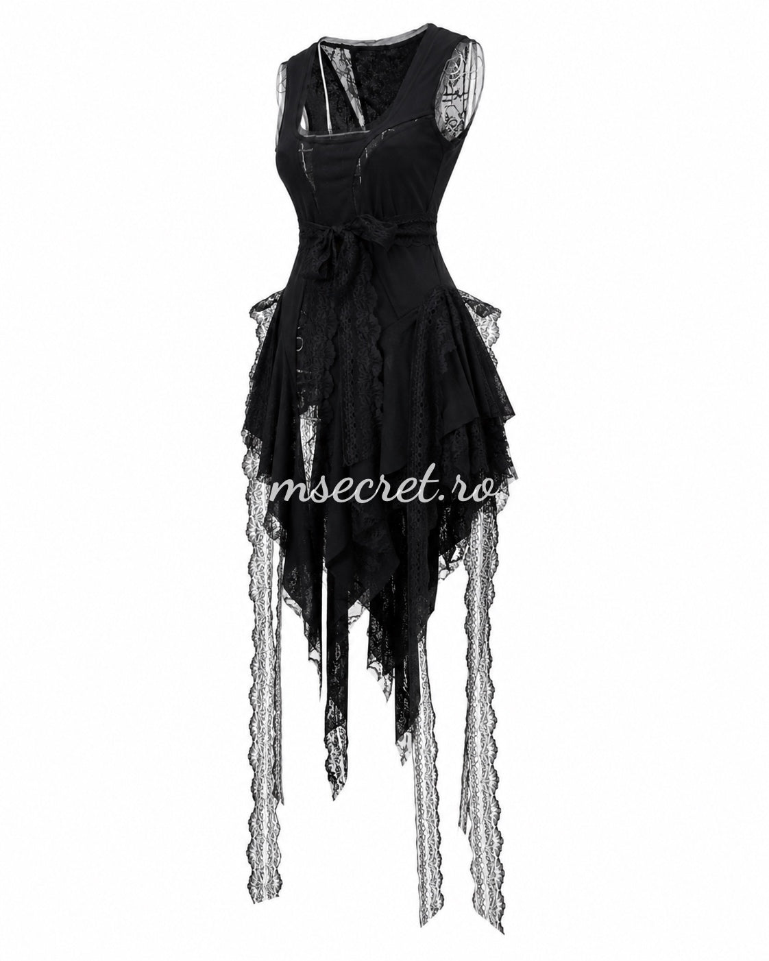 Tricou tip rochie negru asimetrica cu dantela si aplicatii tip panglici