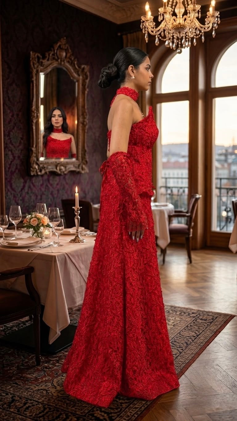 Rochie lunga rosie din dantela