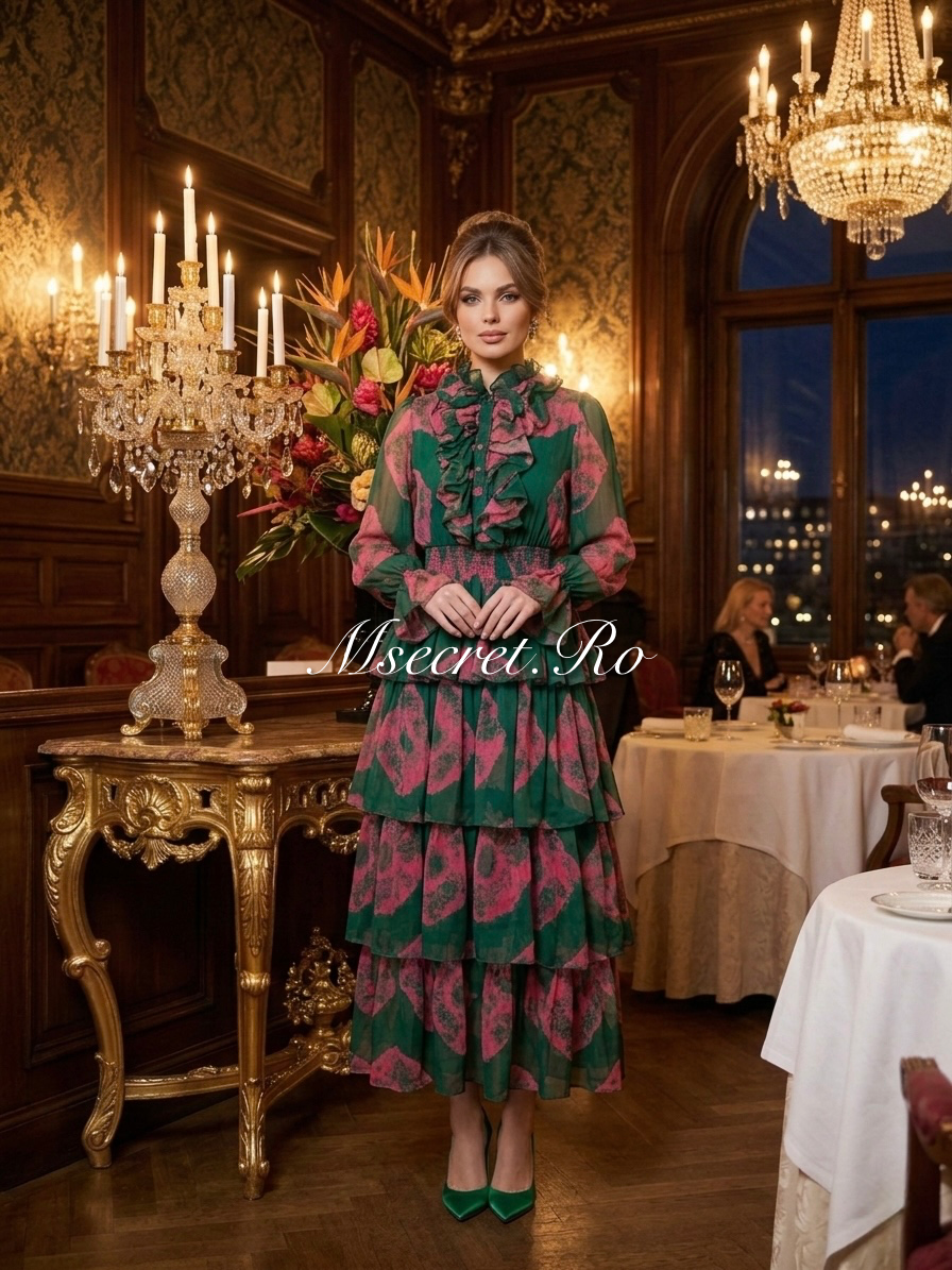 Pink and green midi dress with ruffles