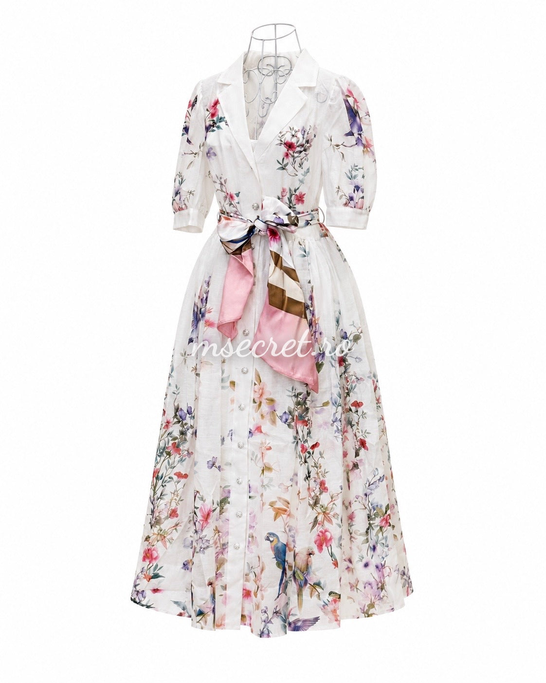 Rochie midi din in cu imprimeu floral si cordon tip esarfa