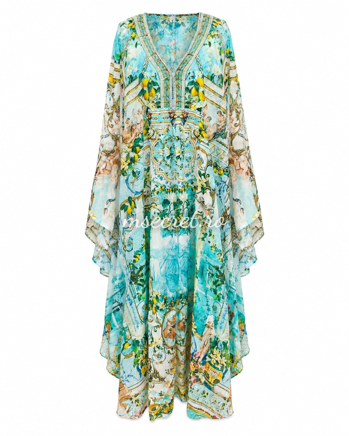 Rochie tip caftan turcoaz cu imprimeu mediteranean